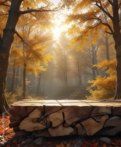 atmospheric autumnal woodscape on wooden beam, nature scenes, woodland, foliage photo