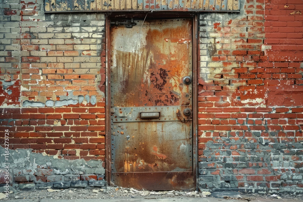 Red brick wall with old rustic weathered door in european city. Detailed photo textured background Red brick wall with old rustic weathered door in european city. Detailed photo textured background