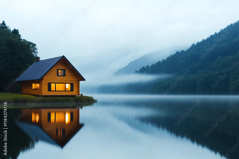 Fototapeta premium small wooden house by serene lake, surrounded by misty mountains, reflects beautifully in calm water. warm glow from windows adds cozy touch to tranquil scene
