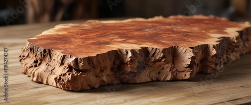 Large Amboyna wood burl on a wooden table with a rustic background, old-world charm, cozy ambiance