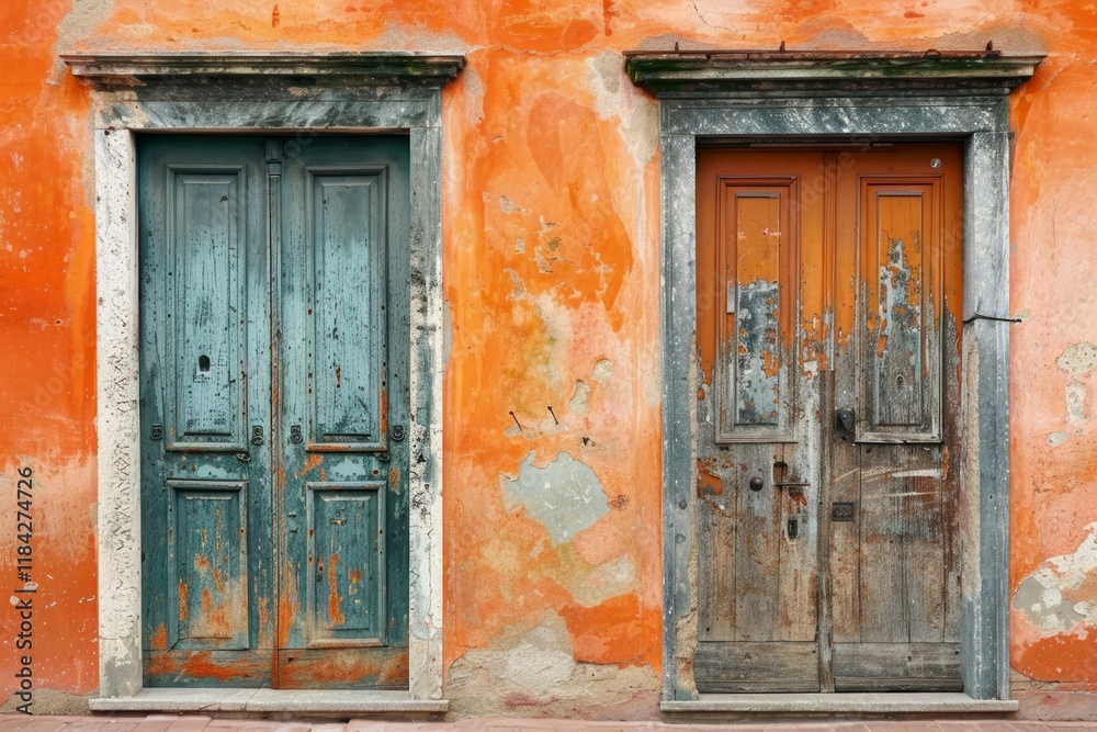 Orange concrete wall with two old wooden doors in european city. Detailed photo textured background Orange concrete wall with two old wooden doors in european city. Detailed photo textured background