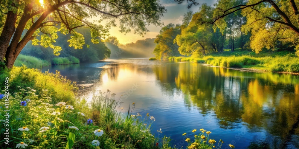 Serene Riverbank at Sunrise Golden Sunlight Illuminates Lush Greenery and Wildflowers Reflecting in Calm Waters Serene Riverbank at Sunrise Golden Sunlight Illuminates Lush Greenery and Wildflowers Reflecting in Calm Waters
