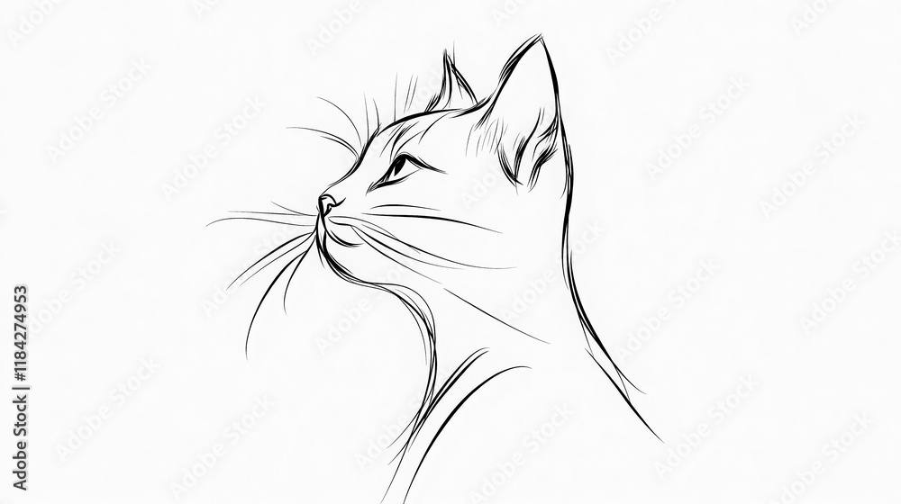 Obraz premium Elegant black and white line drawing of a cat in profile, gazing upward, conveying curiosity and simplicity. 