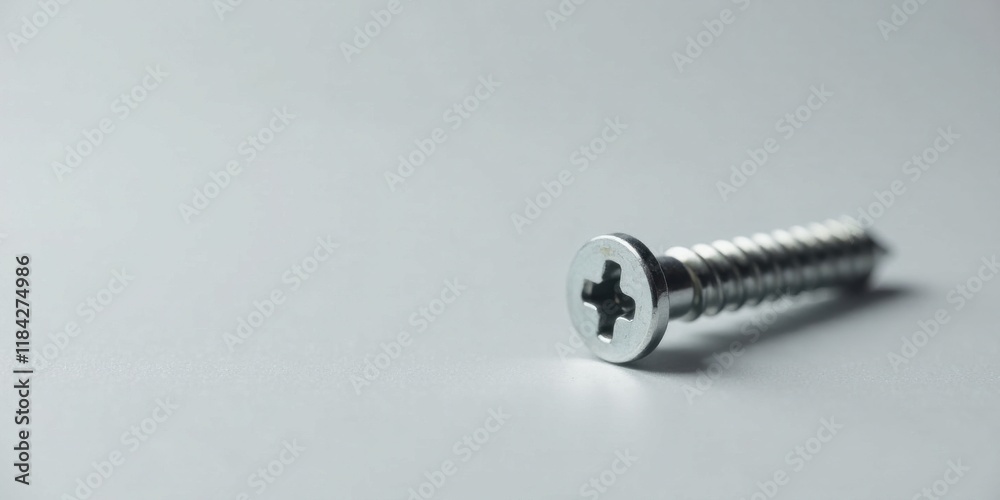 Close-up view of a single metallic screw with a Phillips head lying on a light gray surface Close-up view of a single metallic screw with a Phillips head lying on a light gray surface