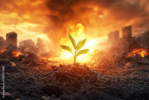 Plants on the ground and fire burning the city. generative AI