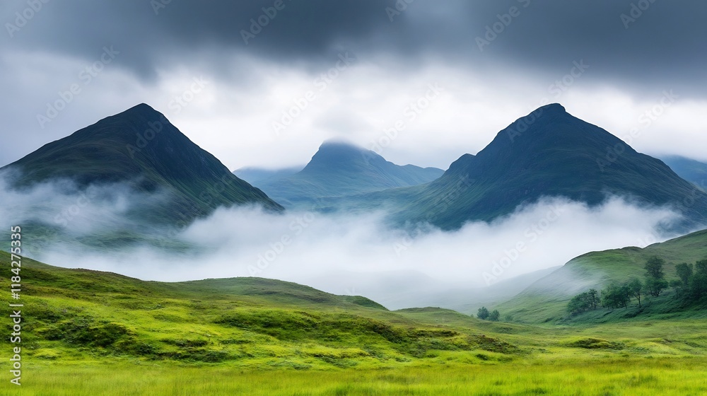 Fototapeta premium Dramatic Fog Rolls Over Mystical Mountain Valley Landscape