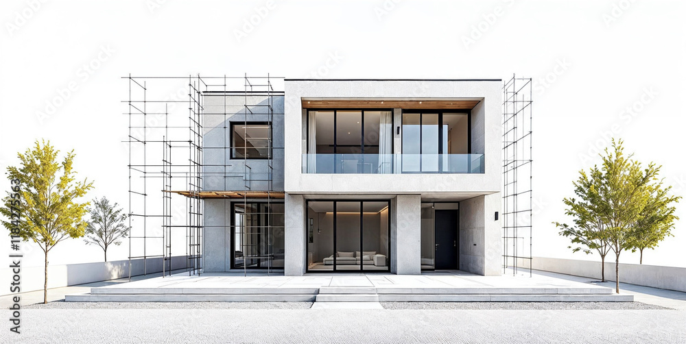 A modern house under construction, progressing from blueprints to a partially built form.
A modern house under construction, progressing from blueprints to a partially built form.