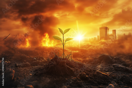 Plants on the ground and fire burning the city. generative AI