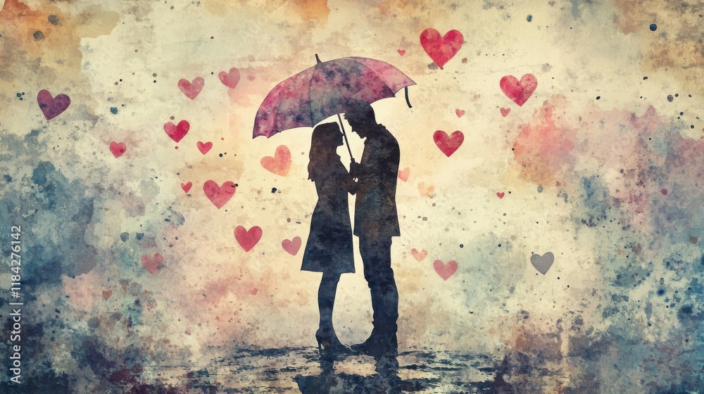 Fototapeta premium Romantic kiss under umbrella heart background digital art dreamy atmosphere close-up love and connection