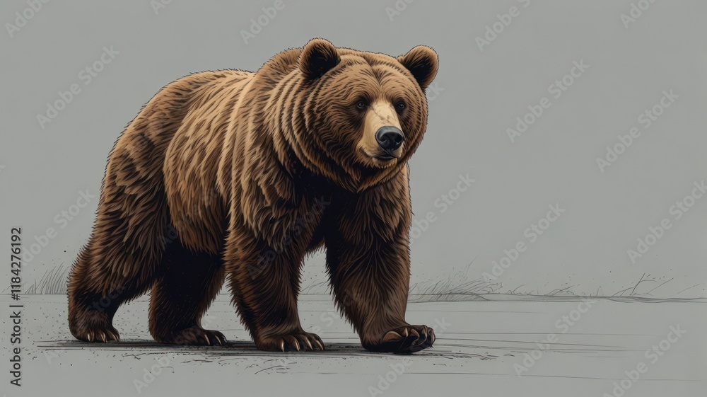Obraz premium Majestic brown bear standing on neutral background.
