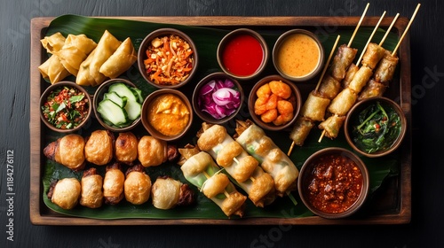 An elegant platter of traditional Thai appetizers including spring rolls, satay skewers, crispy wontons, and small cups of Miang Kham. Arranged on a rustic wooden tray with banana leaves as the base.  photo