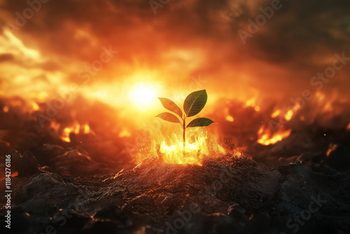 Plants on the ground and fire burning the city. generative AI