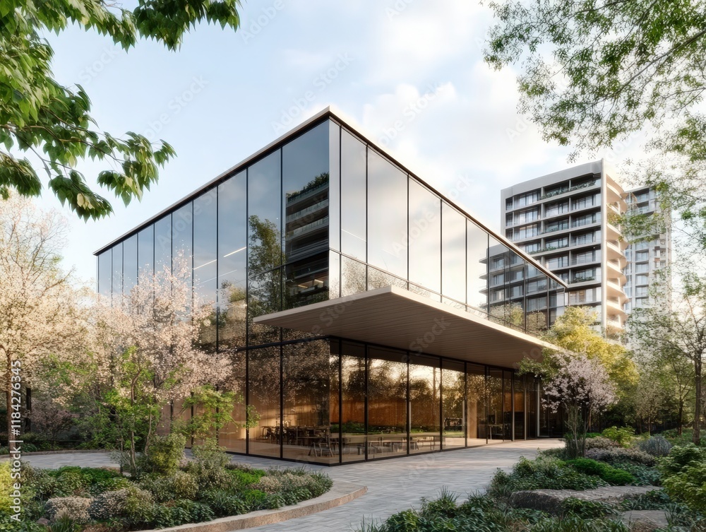 Modern Architectural Render of Sleek Commercial Property Surrounded by Greenery and Urban Landscape Modern Architectural Render of Sleek Commercial Property Surrounded by Greenery and Urban Landscape