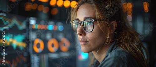 Professional female and statistician analyzing graphics on their multi-monitor computers close up copy space
