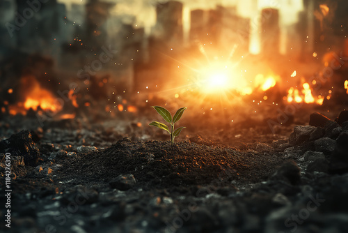 Plants on the ground and fire burning the city. generative AI