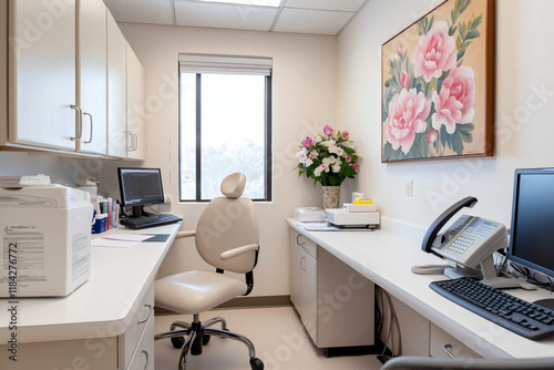 modern and tidy dental office featuring comfortable dental chair, computer workstation, and floral decor. bright space promotes welcoming atmosphere for patients