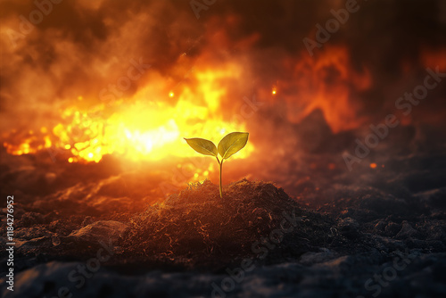 Plants on the ground and fire burning the city. generative AI