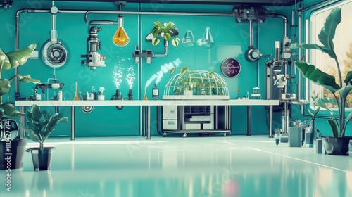 A playful cartoon animation of a science laboratory room with teal walls and a glossy white floor. The lab includes bubbling flasks, mechanical gadgets.