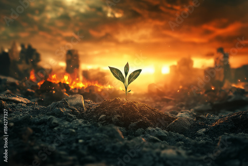 Plants on the ground and fire burning the city. generative AI