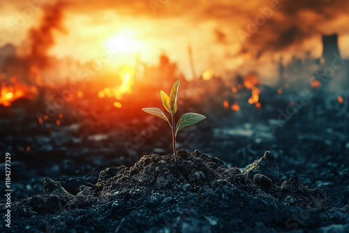 Plants on the ground and fire burning the city. generative AI
