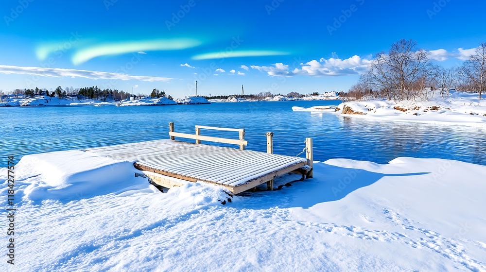 Snow Covered Wooden Dock  Winter Lake  Aurora Borealis