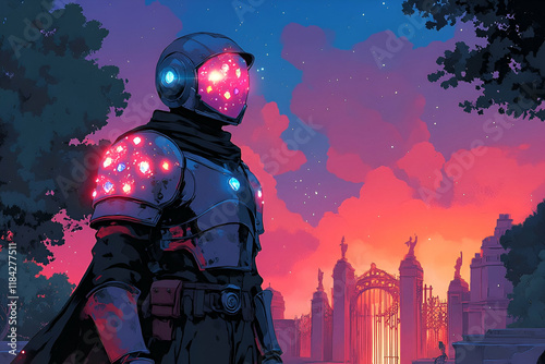Futuristic Knight at Sunset: Pixel Art Fantasy Landscape