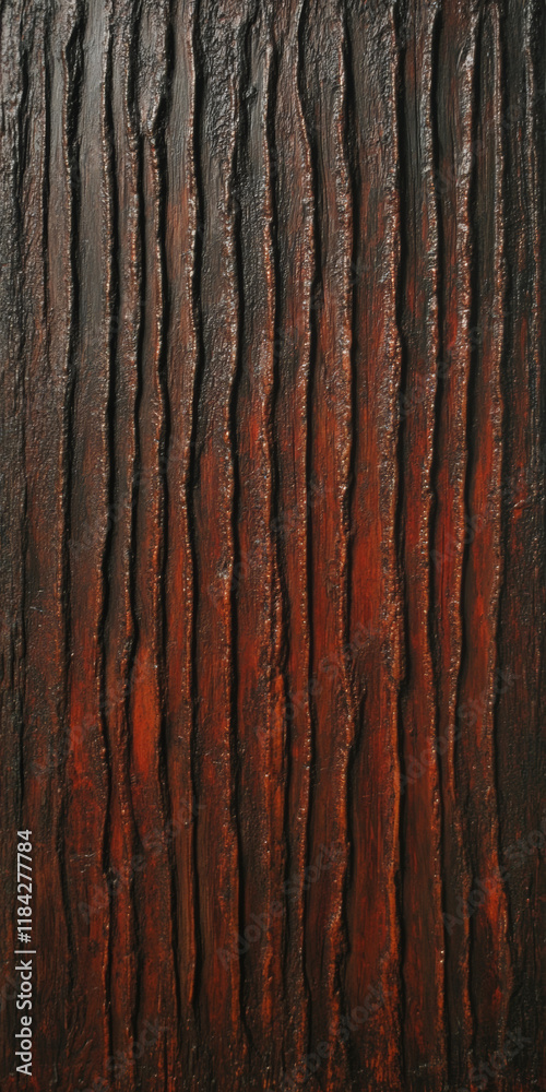 Fototapeta premium A textured bark of a sequoia tree, with vertical ridges and dark reddish-brown tones creating a majestic appearance.