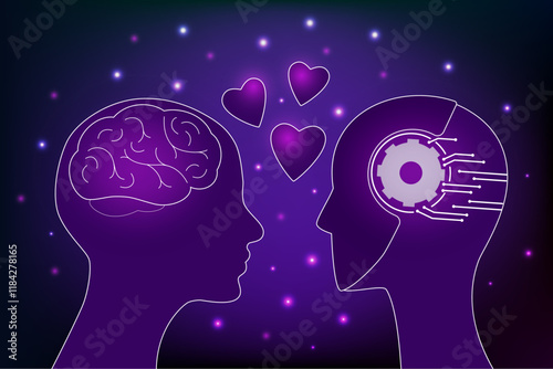 Love between a living person and artificial intelligence. Concept of love greetings on Valentine's Day. Vector Banner, postcard from February 14.