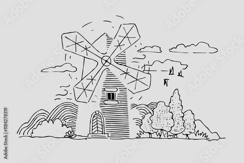 Stylised image of a windmill, ink effect, vector graphics