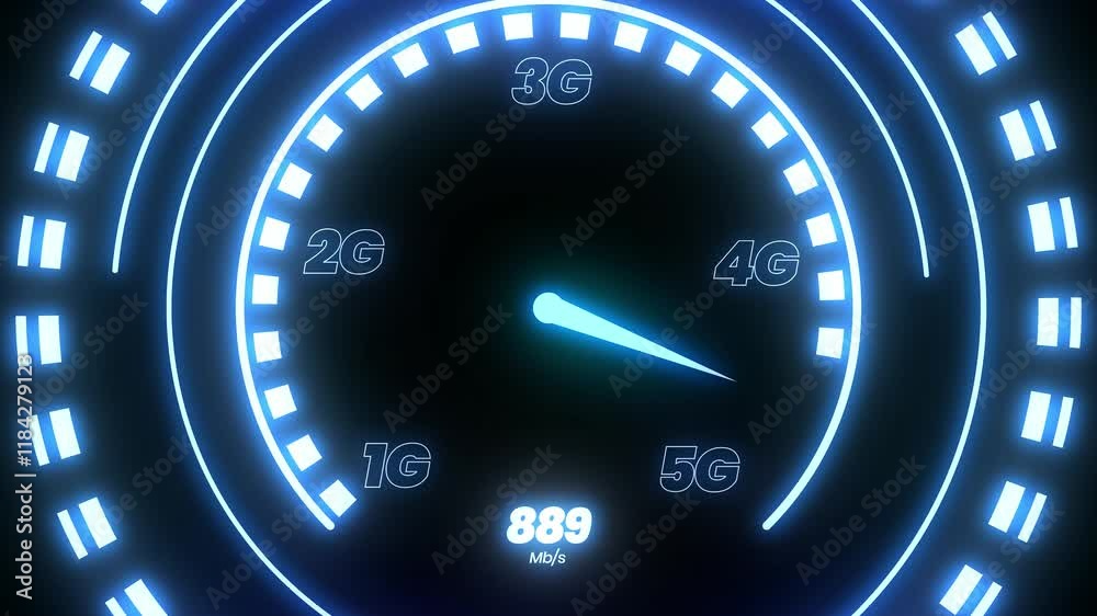 Futuristic glowing neon network speed meter showing 5G connection