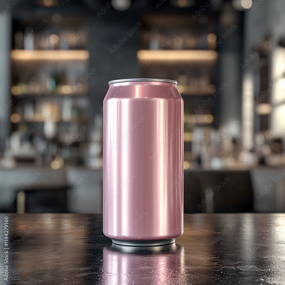 3D rendering of 330ml empty pink beer can mockup, on bar table, isolated on cafe background. ai generated images. 3D rendering of 330ml empty pink beer can mockup, on bar table, isolated on cafe background. ai generated images.