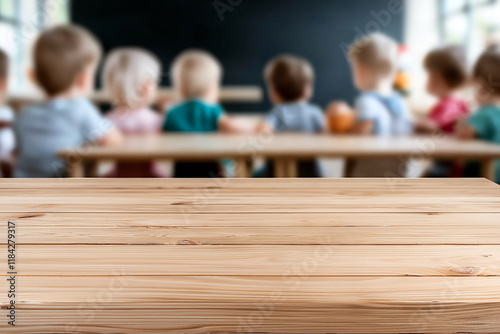 Empty wooden table top with blurred background of children in classroom. warm wood texture creates welcoming atmosphere, perfect for educational settings