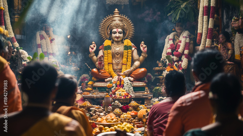 Hindu men and women wearing traditional attire praying in front of a statue of Lord Vishnu during Nirjala Ekadashi, statue surrounded by offerings of fruits and flowers, Ai generated images. photo