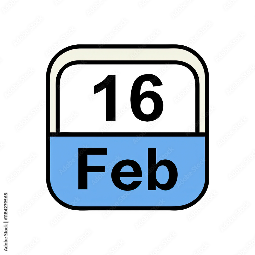 February 16 calendar icon with blue accents February 16 calendar icon with blue accents