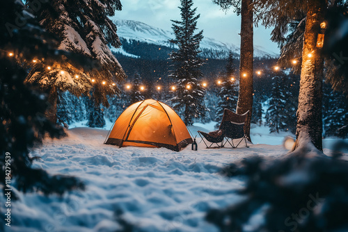 Camping on snow mountain. generative AI