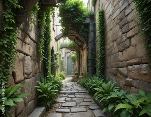 Narrow passageway between high walls and lush greenery , foliage, greenery, verdant