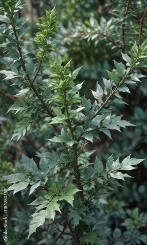 Silvery-green leaves on a thorny shrub with a compact growth habit, felon herb, thorny shrubs, artemisia vulgaris