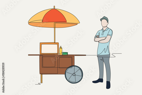 Colored street food vendors concept one-line drawing