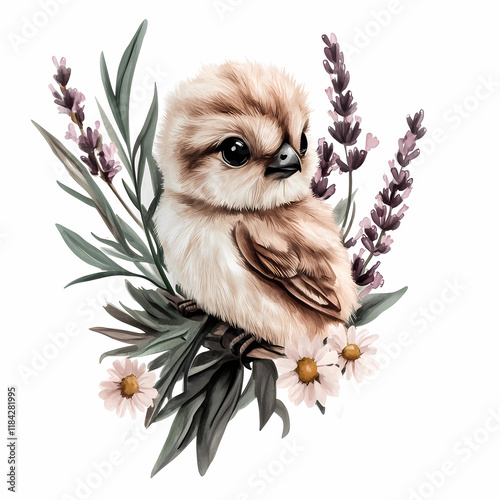 Cute spring bird surrounded by flowers and lavender in a vibrant clipart design perfect for seasonal themes photo