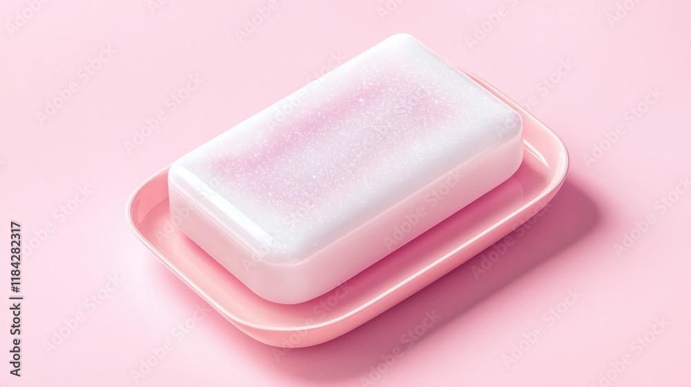 Sparkle and hygiene in bathroom concept. Soap bar on a pink tray against a pastel background Sparkle and hygiene in bathroom concept. Soap bar on a pink tray against a pastel background