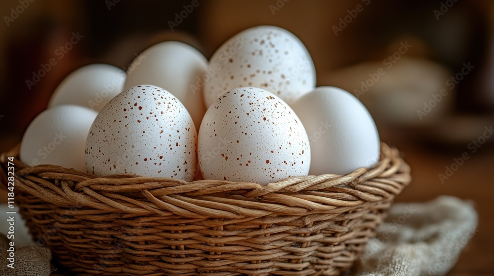 A basket filled with speckled white eggs, showcasing rustic kitchen decor. A basket filled with speckled white eggs, showcasing rustic kitchen decor.