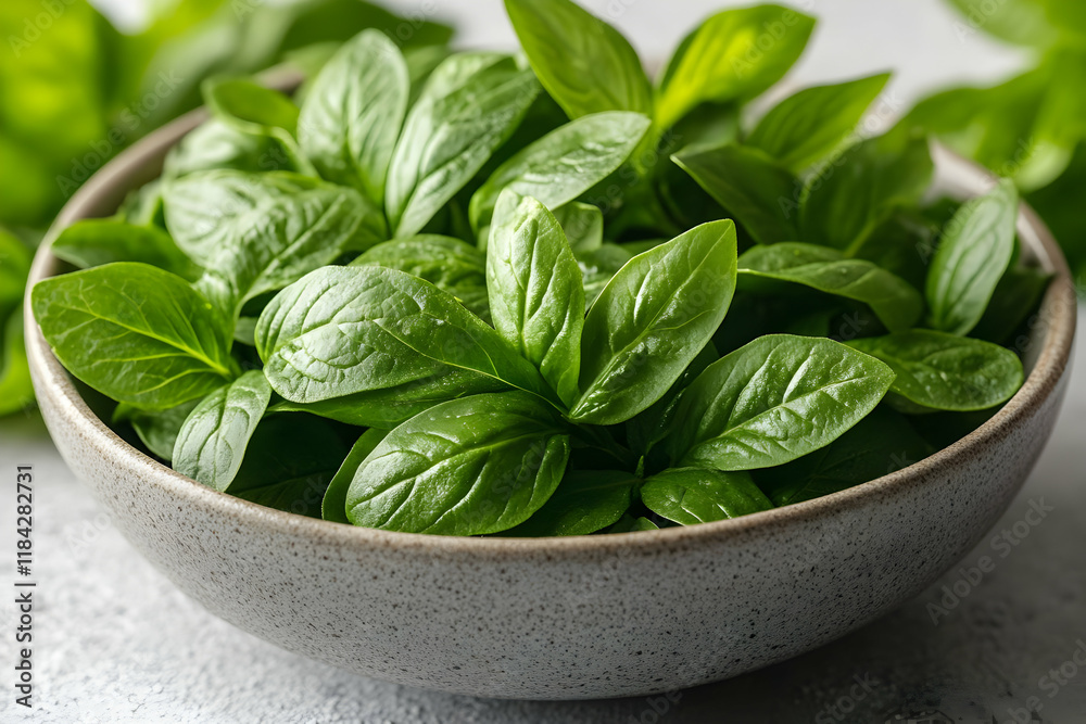 Close-up of Fresh Green Basil Leaves in a Bowl Close-up of Fresh Green Basil Leaves in a Bowl