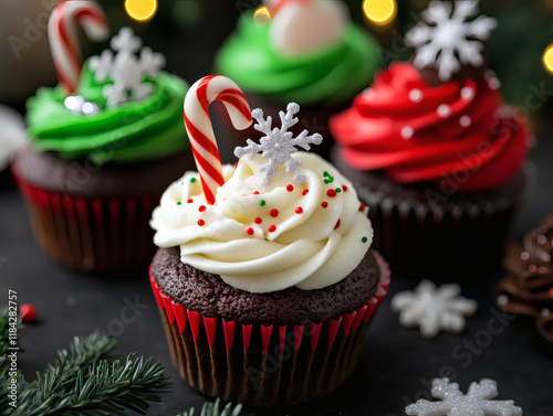 A plate of decorated cupcakes with icing, sprinkles, and festive Christmas designs photo