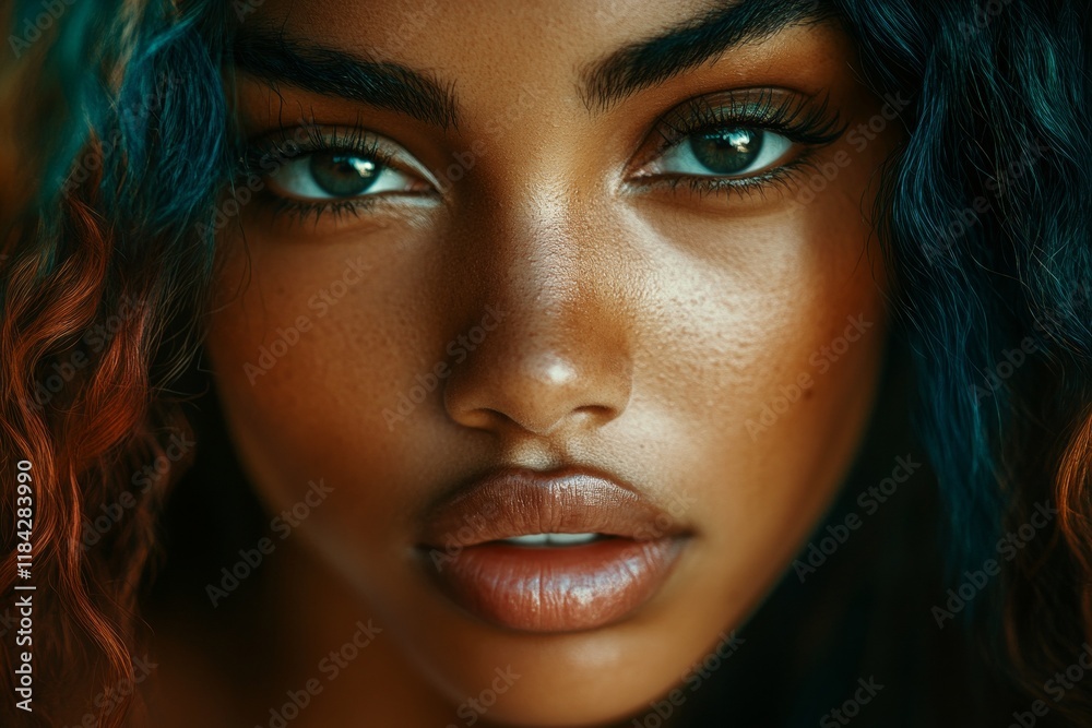 Fototapeta premium Commercial marketing visual idea. Long coiffure - multicolored hair. Pretty calm mixed-race girl - for ads, billboard and social social media ad use. Colored hair fashion models.