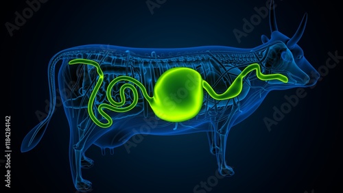 cow digestive system lungs and large intestine system anatomy. 3d illustration