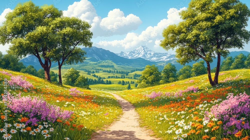 Naklejka premium A vibrant landscape featuring a flower-filled meadow, trees, and distant mountains under a blue sky.