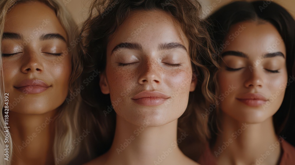 Fototapeta premium Three women, eyes closed, serene expressions, radiating beauty and tranquility.