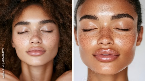 Unveiling Natural Beauty: Two Women's Serene Faces, Freckles and All photo