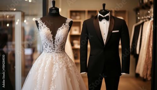 Elegant Wedding Dress and Tuxedo Display. Contrast of Light Lace and Dark Suit Jacket in Soft-Lit Boutique.