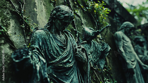 A cursed garden overgrown with twisted vines, statues of tormented figures trapped in eternal despair.
